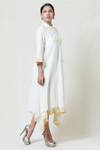 Brij_White Kora Chanderi, Mulmul Band Collar Embroidered Midi Dress _Online_at_Aza_Fashions