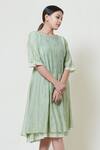 Buy_Brij_Green Kora Chanderi, Mulmul Boat Embroidered Midi Dress _at_Aza_Fashions