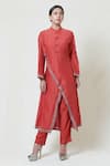 Brij_Red Kora Chanderi Band Collar Embroidered Kurta Pant Set _Online_at_Aza_Fashions