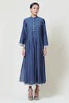 Buy_Brij_Blue Kora Chanderi, Mulmul Band Collar Embroidered Midi Dress _Online_at_Aza_Fashions