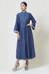 Buy_Brij_Blue Kora Chanderi, Mulmul Band Collar Embroidered Midi Dress _at_Aza_Fashions