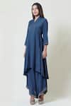 Brij_Blue Spun Silk V Neck Embroidered Kurta Palazzo Set _Online_at_Aza_Fashions