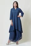 Buy_Brij_Blue Spun Silk V Neck Embroidered Kurta Palazzo Set _at_Aza_Fashions