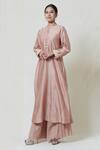 Brij_Pink Chanderi Band Collar Kurta Palazzo Set _Online_at_Aza_Fashions