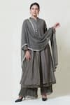 Brij_Grey Kora Chanderi Band Collar Kurta Palazzo Set _Online_at_Aza_Fashions