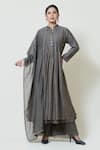 Buy_Brij_Grey Kora Chanderi Band Collar Kurta Palazzo Set _at_Aza_Fashions