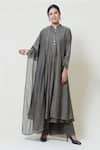 Brij_Grey Kora Chanderi Band Collar Kurta Palazzo Set _Online_at_Aza_Fashions