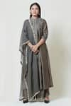 Brij_Grey Chanderi Band Collar Kurta Palazzo Set _Online_at_Aza_Fashions