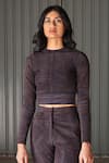 Buy_Leh Studios_Black Stretch Velour Woven Knit Round Printed Crop Top  _at_Aza_Fashions