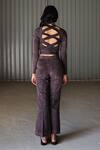 Shop_Leh Studios_Black Stretch Velour Woven Knit Round Printed Crop Top  _at_Aza_Fashions