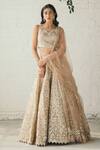 Buy_Studio Iris India_Beige Organza V Neck Embroidered Bridal Lehenga Set_at_Aza_Fashions