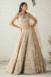 Shop_Studio Iris India_Beige Organza V Neck Embroidered Bridal Lehenga Set_at_Aza_Fashions
