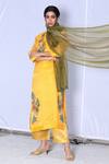 Shop_Oja_Yellow Kurta And Stole Handloom Tissue Silk, Pant Linen Satin Floral V Neck Set _at_Aza_Fashions