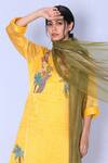 Shop_Oja_Yellow Kurta And Stole Handloom Tissue Silk, Pant Linen Satin Floral V Neck Set _Online_at_Aza_Fashions