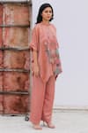 Shop_Oja_Pink Tunic Handloom Tissue Silk Applique Floral Mandarin Collar And Pant Set _at_Aza_Fashions