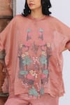 Buy_Oja_Pink Tunic Handloom Tissue Silk Applique Floral Mandarin Collar And Pant Set _Online_at_Aza_Fashions