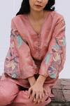 Shop_Oja_Pink Pant Linen Satin, Tunic Handloom Tissue Silk Floral V Neck And Set _at_Aza_Fashions