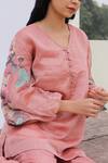Buy_Oja_Pink Pant Linen Satin, Tunic Handloom Tissue Silk Floral V Neck And Set _Online_at_Aza_Fashions
