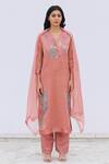 Shop_Oja_Pink Kurta And Stole Handloom Tissue Silk, Pant Linen Satin Floral Applique Set _at_Aza_Fashions
