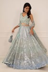 Studio Iris India_Blue Organza Embroidery V Neck Bridal Lehenga Set _Online_at_Aza_Fashions