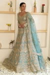 Buy_Studio Iris India_Blue Organza Embroidery Scoop Neck Bridal Lehenga Set _at_Aza_Fashions