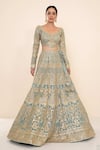 Shop_Studio Iris India_Blue Organza Embroidery Scoop Neck Bridal Lehenga Set _at_Aza_Fashions