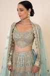 Shop_Studio Iris India_Blue Organza Embroidery Scoop Neck Bridal Lehenga Set _Online_at_Aza_Fashions