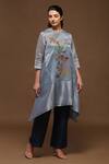 Buy_Oja_Blue Kurta Handloom Tissue Silk, Pant Linen Satin Floral Round And Set _at_Aza_Fashions