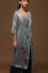 Shop_Oja_Blue Bustier Satin, Jacket Handloom Tissue Silk, Pant And Set _at_Aza_Fashions