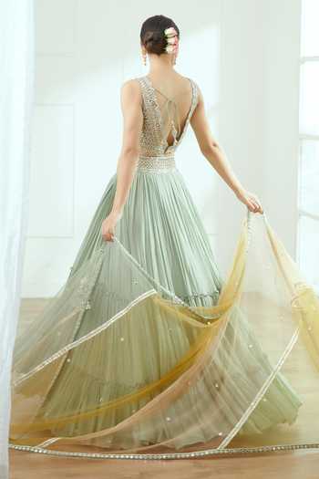 Shop_STUDIO IRIS_Green Georgette Mirror , Mukaish Plunge Larissa Choli Lehenga Set _at_Aza_Fashions