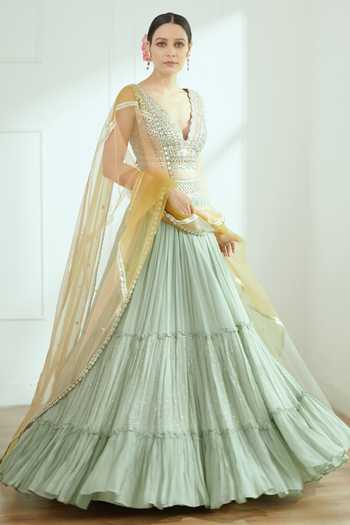 STUDIO IRIS_Green Georgette Mirror , Mukaish Plunge Larissa Choli Lehenga Set _Online_at_Aza_Fashions