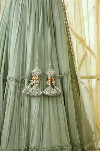 Buy_STUDIO IRIS_Green Georgette Mirror , Mukaish Plunge Larissa Choli Lehenga Set _Online_at_Aza_Fashions