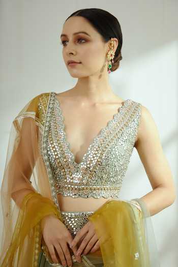Shop_STUDIO IRIS_Green Georgette Mirror , Mukaish Plunge Larissa Choli Lehenga Set _Online_at_Aza_Fashions