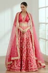 Buy_Studio Iris India_Pink Raw Silk Embroidered Sequin Work Plunge Neck Rani Bridal Lehenga Set _at_Aza_Fashions