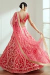 Shop_Studio Iris India_Pink Raw Silk Embroidered Sequin Work Plunge Neck Rani Bridal Lehenga Set _at_Aza_Fashions