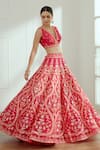 Studio Iris India_Pink Raw Silk Embroidered Sequin Work Plunge Neck Rani Bridal Lehenga Set _Online_at_Aza_Fashions