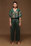 Shop_Oja_Green Pant Tissue , Shirt Handloom Linen Floral V Applique And Set _at_Aza_Fashions