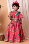 Buy_Lil Angels_Pink Muslin, Cotton Gota Patti, Ruffles Peacock Print Blouse And Lehenga Set _at_Aza_Fashions