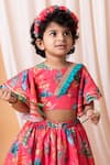 Lil Angels_Pink Muslin, Cotton Gota Patti, Ruffles Peacock Print Blouse And Lehenga Set _Online_at_Aza_Fashions