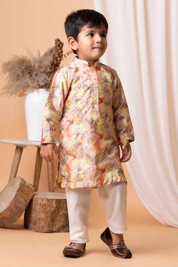 Buy_Lil Angels_Yellow Kota Doria, Cotton Bird Of Paradise Kurta Set _at_Aza_Fashions