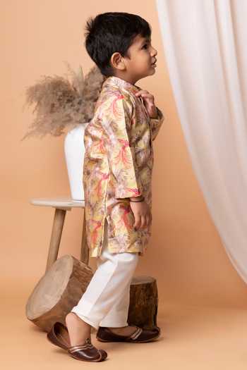 Buy_Lil Angels_Yellow Kota Doria, Cotton Bird Of Paradise Kurta Set _Online_at_Aza_Fashions