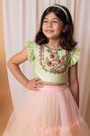 Lil Angels_Green Cotton, Net Embroidery, Sequins, Mirrors Floral Blouse And Lehenga Set _Online_at_Aza_Fashions