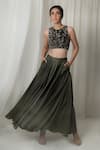 Buy_Lavanya Ahuja_Green Net, Silk Velvet, Sand Washed Satin Round Embroidered Blouse With Lehenga _at_Aza_Fashions