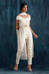 Buy_Lavanya Ahuja_White Net, Satin V Neck Embroidered Off Shoulder Kurta Set_at_Aza_Fashions