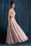 Shop_Lavanya Ahuja_Peach Net, Velvet, Satin Organza V Neck Embroidered Bridal Lehenga Set _at_Aza_Fashions