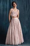 Lavanya Ahuja_Peach Net, Velvet, Satin Organza V Neck Embroidered Bridal Lehenga Set _Online_at_Aza_Fashions