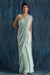 Buy_Lavanya Ahuja_Green Georgette, Satin Square Neck Pre-draped Saree With Embroidered Blouse _at_Aza_Fashions