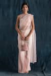 Buy_Lavanya Ahuja_Peach Georgette, Silk Organza Round Pre-draped Saree With Embroidered Blouse _at_Aza_Fashions