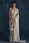 Buy_Lavanya Ahuja_Grey Georgette V Neck Embroidered Pre-draped Saree Set _at_Aza_Fashions