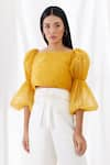 Buy_Lavanya Ahuja_Yellow Organza Square Neck Crop Top _at_Aza_Fashions